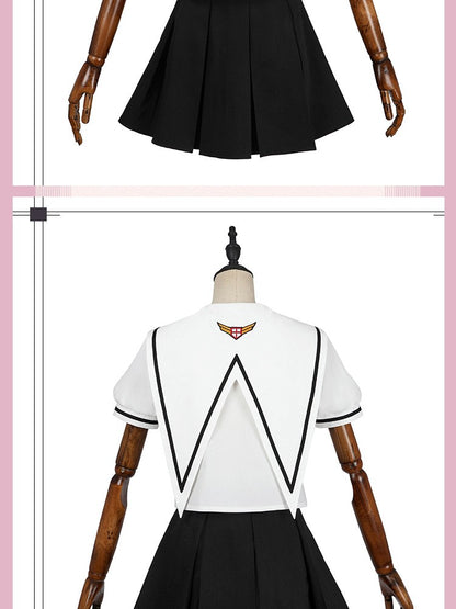 Women Spring Summer Sailor JK Uniform Full Set, Japanese Academy Outfit with Top Pleated Skirt Hat Bow Tie Socks