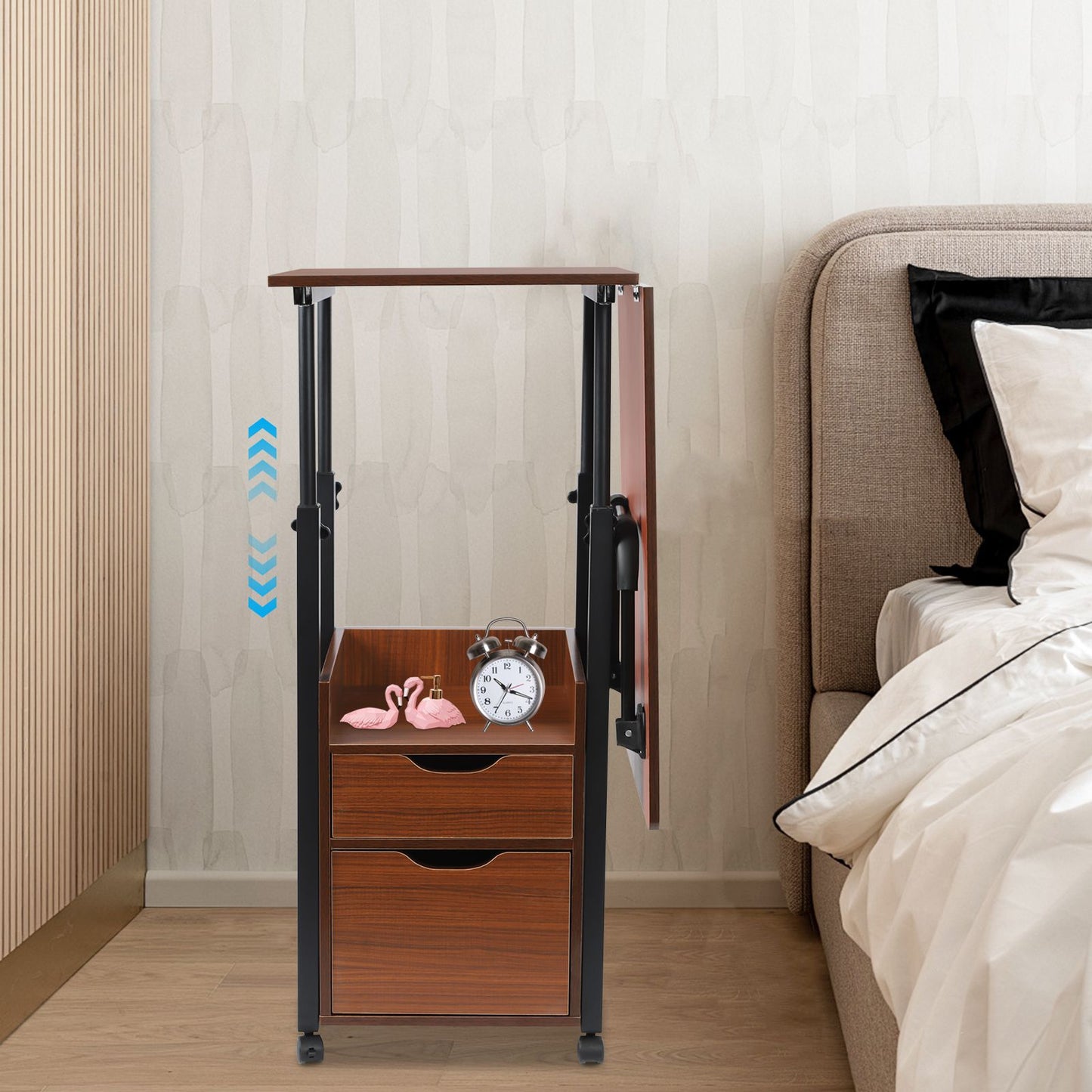 Foldable Laptop Desk with Wheels Height Adjustable Bedside Computer Table Portable Bedroom Office Table