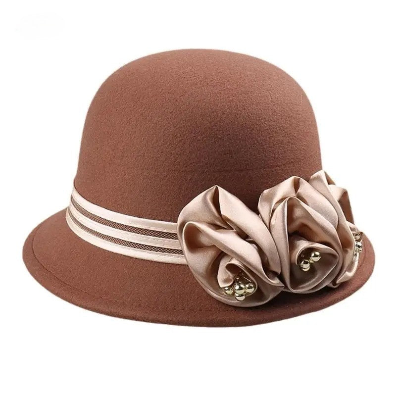 Autumn Winter NEW Wool Formal Hat Women’s  Hat Church Hat Fisherman Hat Rose Blossoms Pearl Elegant Fashion Versatile