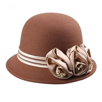 Autumn Winter NEW Wool Formal Hat Women’s  Hat Church Hat Fisherman Hat Rose Blossoms Pearl Elegant Fashion Versatile