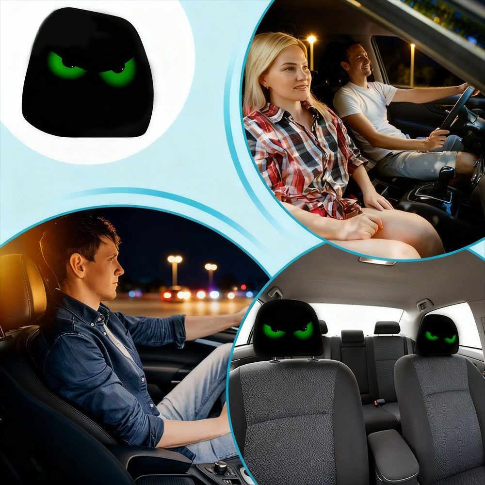 2PCS Black Fluorescent Eye Car Head Pillowcase, Double-sided Printed Car Interior Personalized Decoration Car Pillowcase