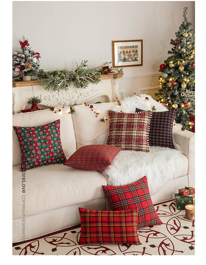 Home Christmas Decor Plaid Cushion Covers Red Checkered Polyester Cotton Xmas Ornament Snowflake Throw Pillowcase Decorative
