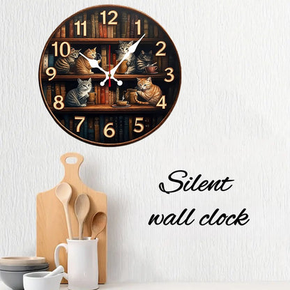 Bookshelf With Cats Wooden Round Silent Hanging Wall Clock, Suitable For Living Room, Office,Study Room,Bedroom, Home Decoration