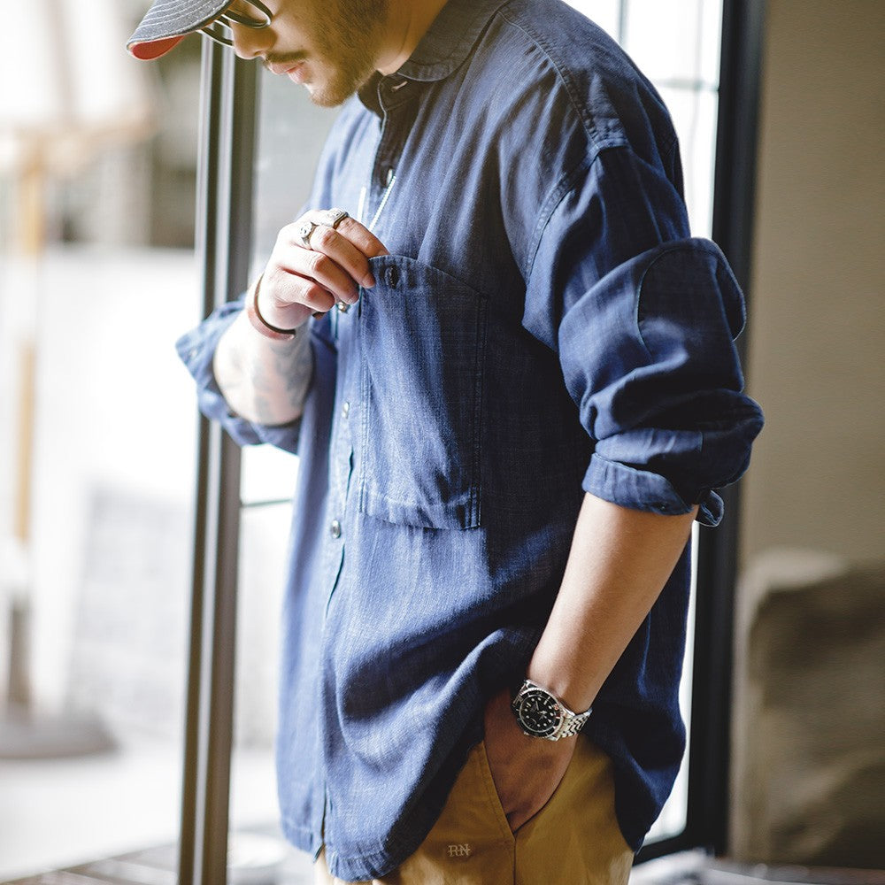 Maden Vintage Denim Shirt for Men's Spring Lightweight CPO Long Sleeve Shirt Lyocell Casual Thin Blue Lapel Collar Blouse