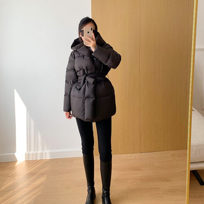 2025 Winter Women's Down Jackets Ultra Light Warm Cusual Coat Female Puffer Jacket With Belt Plus Size Hooded Short Parka