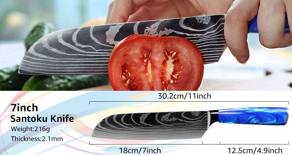 Faca de Cozinha Japonesa Chef 1-10 Peças Conjunto 7CR17 Aço Inoxidável 440C Desenho Damasco Cutelo de Carne Fatiador Santoku Ferramentas de Cozinha