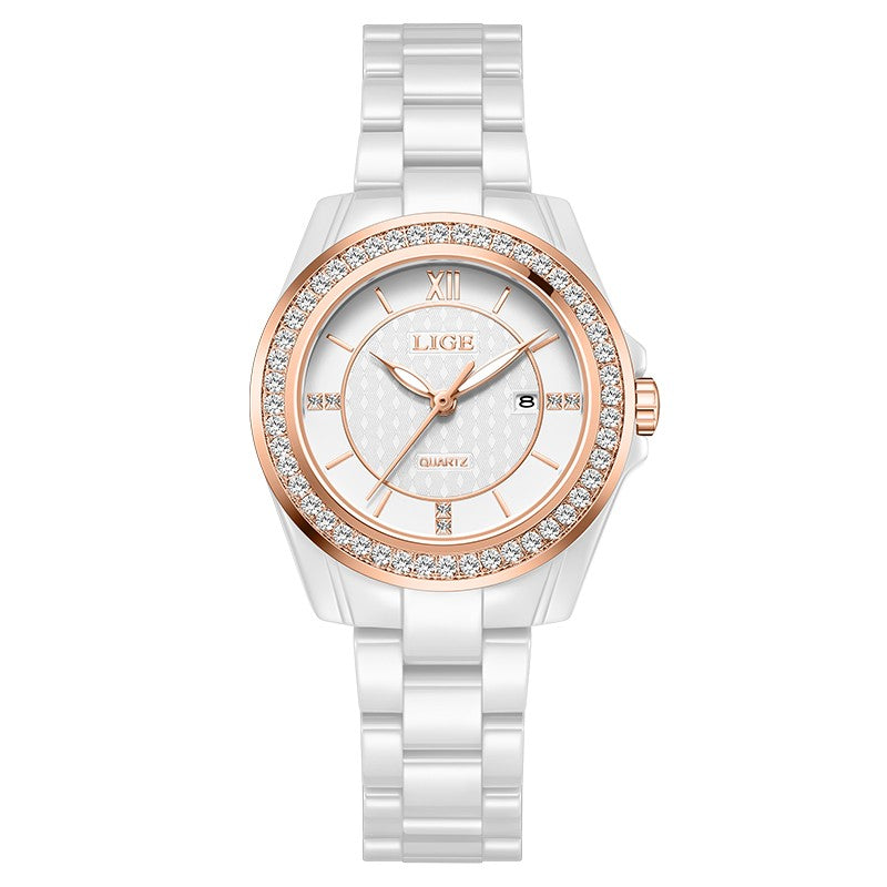 LIGE Fashion Quartz Watch for Women Stainless Steel Ceramics Strap Waterproof Women's Watches Elegant Luxury Ladies Wristwatch