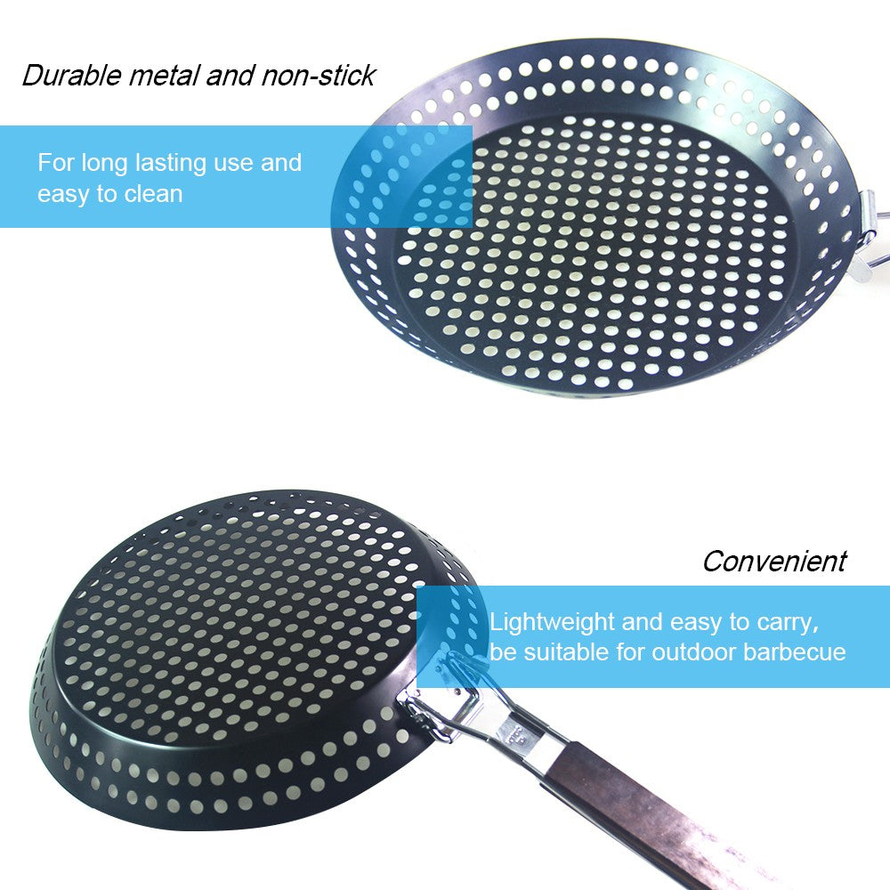 Non-stick Metal Grilling Skillet Handle Removable Handle for Outdoor Grill Topper Barbecue Pan for Vegetables Seafood Meat
