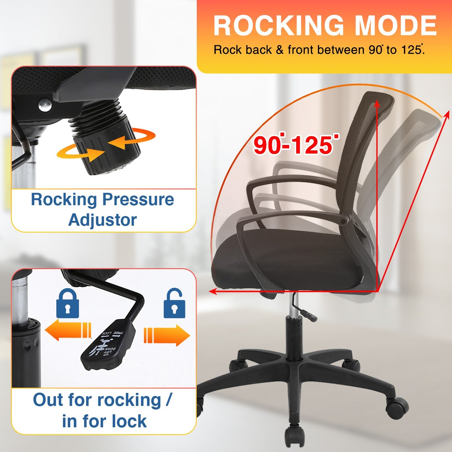 Cadeira de Escritório, Cadeira de Malha Ergonômica para Computador, Cadeira Giratória Média com Suporte Lombar e Braços