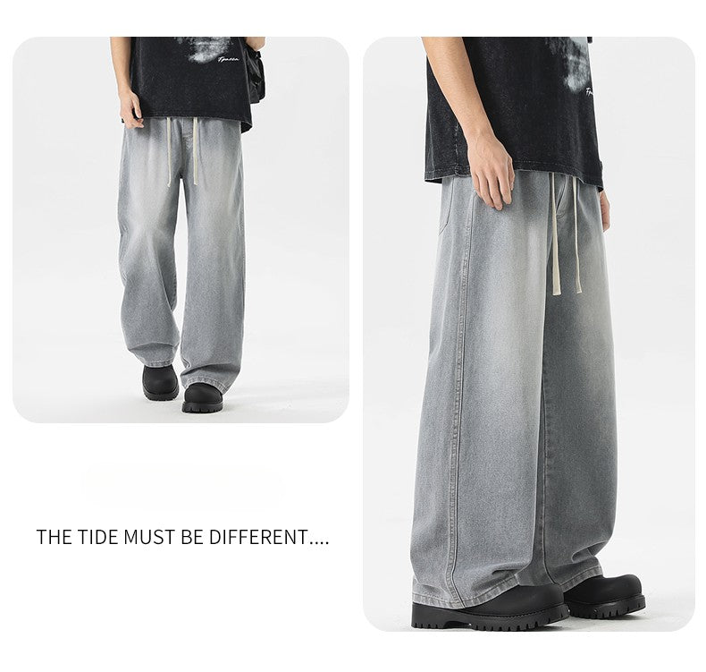 Calça Jeans Masculina Americana Solta Perna Larga Reta Casual Street Hip-hop Folgada Jeans Preto Cinza Azul Streetwear Masculino