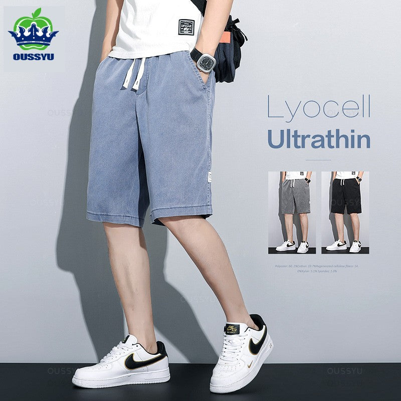 Summer Soft Cosy Lyocell Fabric Men's Denim Shorts Thin Loose Pants Drawstring Elastic Waist Korea Casual Short Plus Size M-5XL