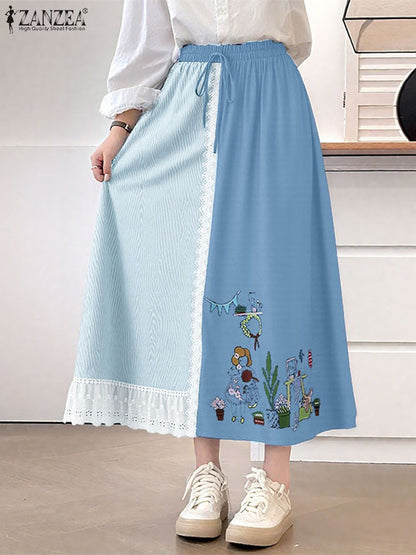 ZANZEA Plus Size Women Skirts Denin-Like Striped Patchwork Lace Trim Detail Lace-Up Elastic Waist A-Line Midi Skirt Casual Chic