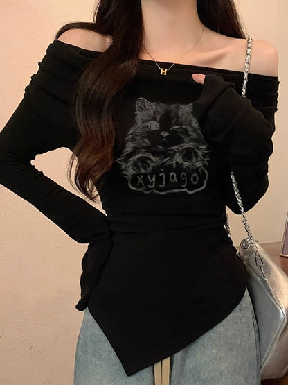 Y2k Cat Long sleeve T-shirt Women Luxury Korean Graphic Off shoulder Top Casual Lady Basic Tees Slim Sexy