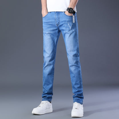 Men Winter Thermal Jeans Snow Warm Stretch Straight Jeans Man Fleece Denim Long Pants Cool Narrow Leg Slim Fit Blue Trousers