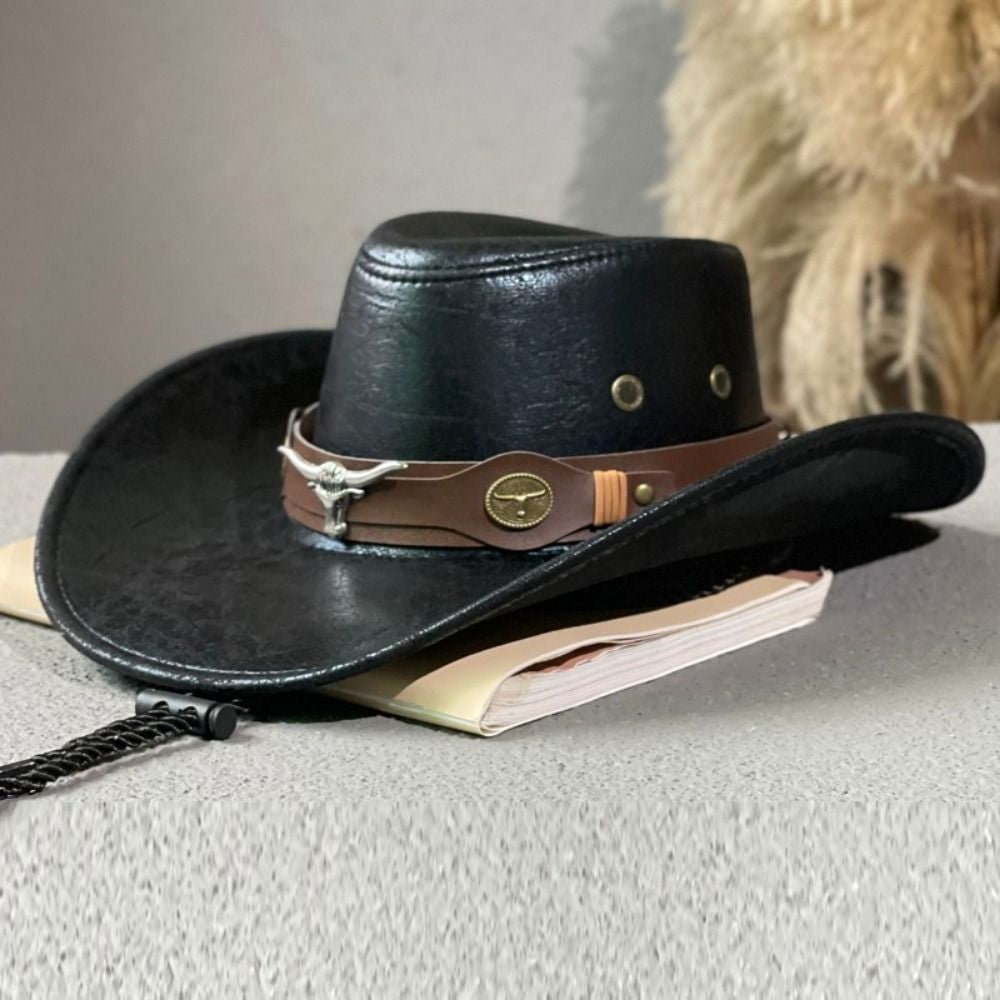 Simple PU Leather Western Cowboy Hat Big Brim Drawstring Sunscrean Bucket Cap Outdoor Travel Hat Hiking Hat Fisherman Hat Travel