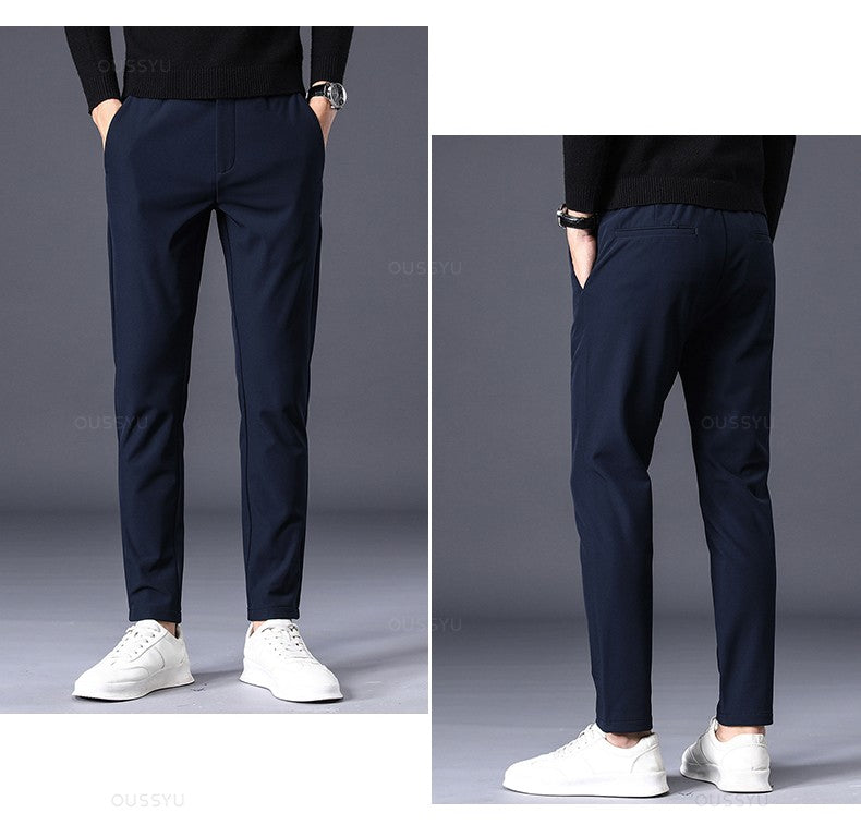 Winter Warm Men's Fleece Pants Thick Business Stretch Slim Fit Elastic Waist Jogger Korean Classic Black Gray Blue Trousers Male
