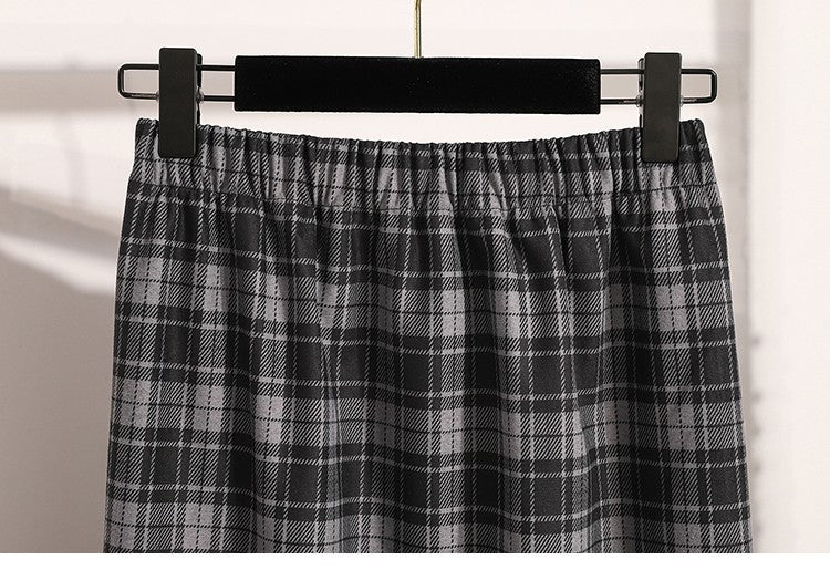 Plus Size Skirt Women 2024 Autumn Winter High Elastic Waist A Line Gray Or Khaki Plaid Skirt Korean Casual Long Skirts Womens