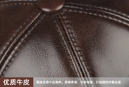 High Quality Genuine Leather Hats Winter First Layer Cowhide Warm Earmuffs Bomber Caps Plus Velvet Thicken Man Bone Caps Dad Hat