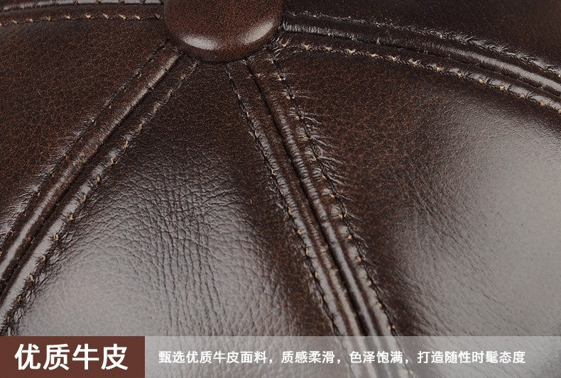 High Quality Genuine Leather Hats Winter First Layer Cowhide Warm Earmuffs Bomber Caps Plus Velvet Thicken Man Bone Caps Dad Hat