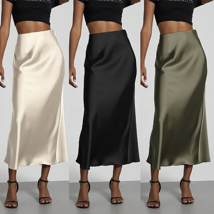 Fashion Satin Party Long Skirt High Waist Solid Color Casual Basic Women Skirts