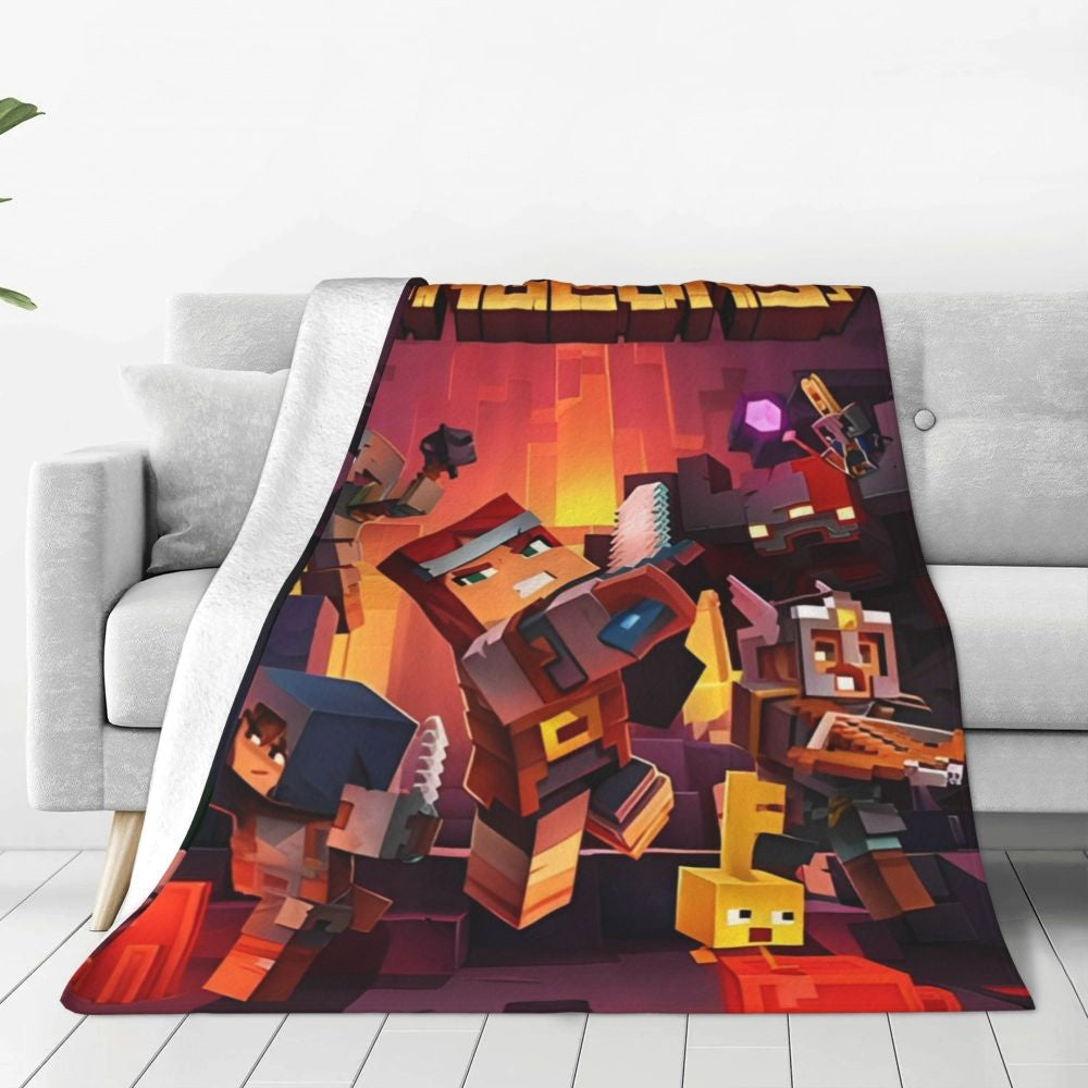 Cartoon Mines Pixel Game Crafts Flannel Blanket Super Warm Throw Blanket for Home Decor Decorative Street Trend Bedspread