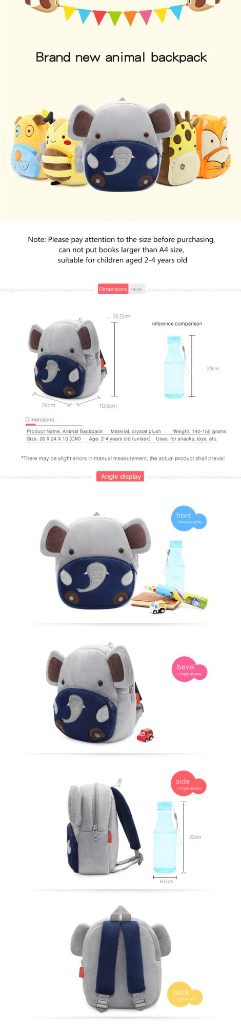 Mochila Infantil Meninos Meninas Animal Fofo Elefante Mochila de Pelúcia para Jardim de Infância