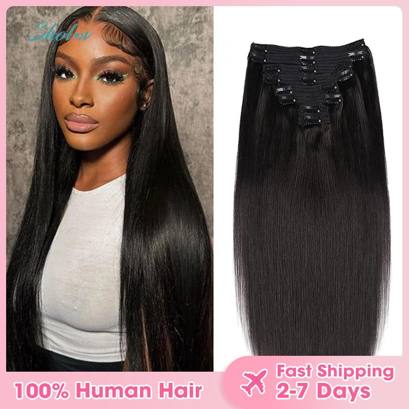 Cabelo Sintético Liso com Presilhas, Extensões de Cabelo Preto Suave de 30-45 cm, Aplique Grosso com Presilhas