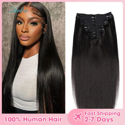Cabelo Sintético Liso com Presilhas, Extensões de Cabelo Preto Suave de 30-45 cm, Aplique Grosso com Presilhas