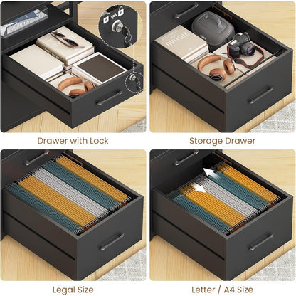 Mesa de jogos com luzes de LED, tomada elétrica, gavetas com chave para escritório e casa, escrivaninha de computador de 63" com armazenamento para arquivos tamanho A4/Carta