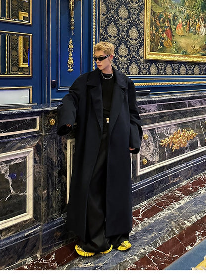 Mauroicardi Autumn Winter Oversized Extra Long Warm Navy Blue Wool Blends Coat Men Loose Luxury Designer Woolen Overcoat 2024