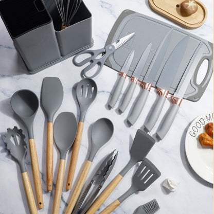 Conjunto de utensílios de cozinha de silicone, 19 peças com cabo de madeira, espátula, panela antiaderente e balde de armazenamento de facas multiuso integrado