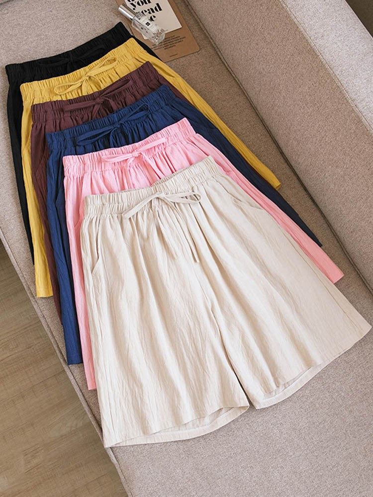 Women shorts Summer Casual Solid Cotton Linen shorts high waist loose shorts for girls Soft Cool female shorts M-3XL