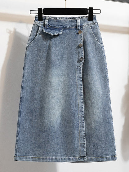 Plus Size Denim Skirt Women Autumn 2024 New High Elastic Waist Blue Color Jeans Skirts With Lining Korean Style Casual Skirt