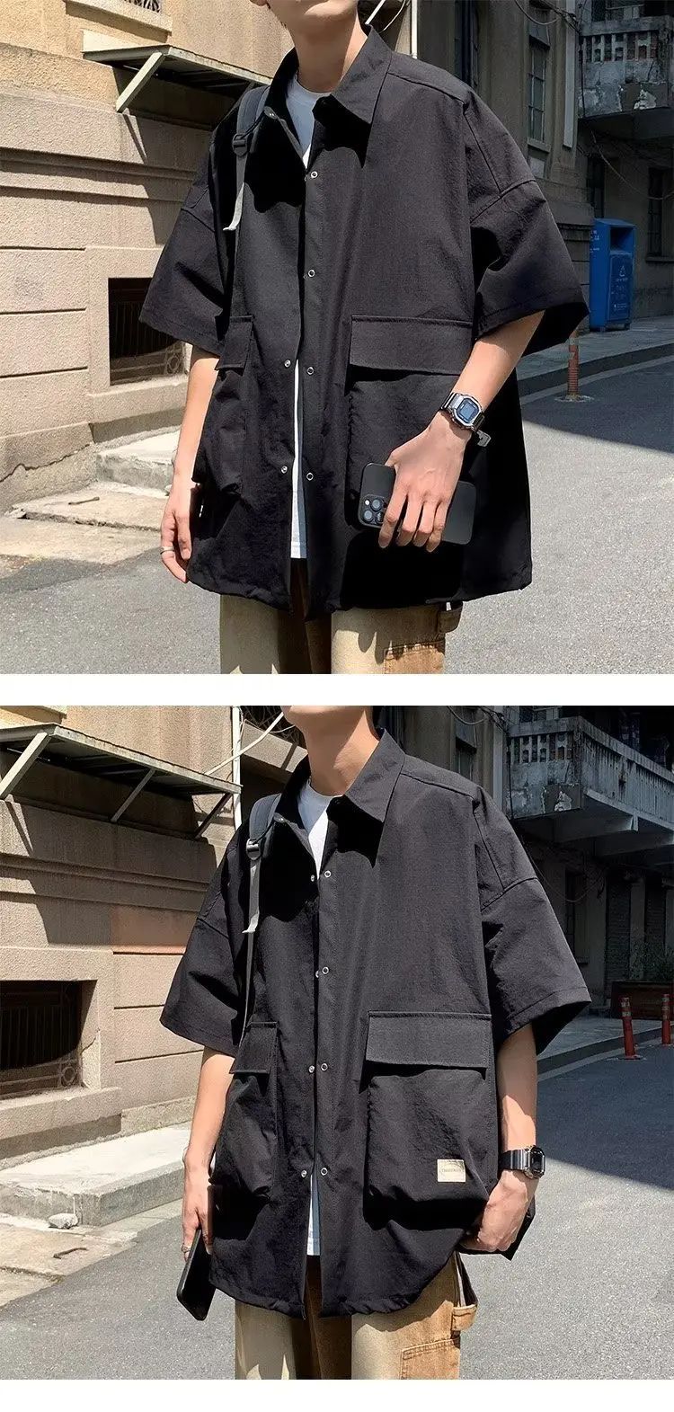 Men's Retro Large Pocket Cargo Shirt Jacket Coat Summer Loose Casual Short Sleeved Shirt For Men Y2k Japan Korea Streetwear