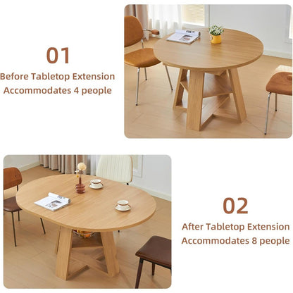 Mid Century Modern Extendable Dining Table Seats 4-8, Round & Oval with Hidden Leaves for Space-Saving, Cross Base Design