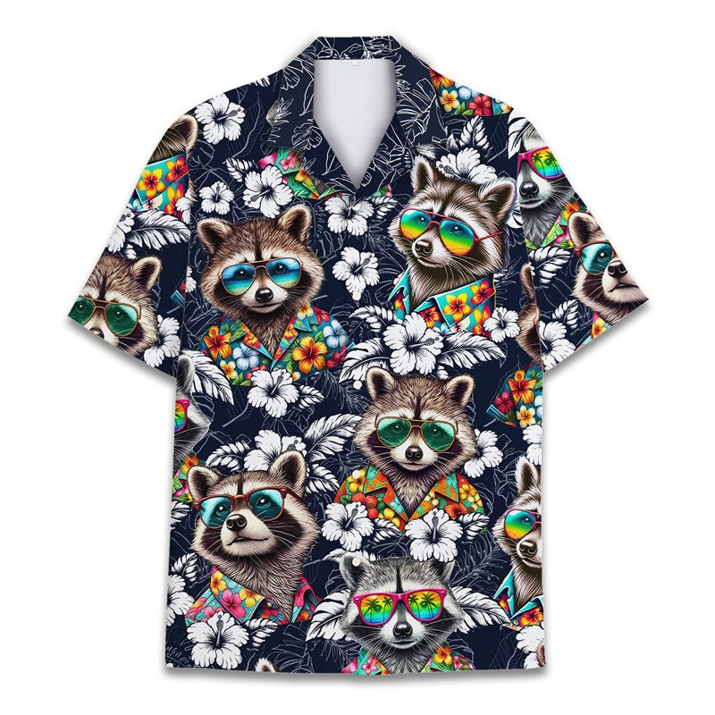 Funny Raccoon 3D Print Shirts For Men Hawaiian Casual Short Sleeve Lapel Blouse