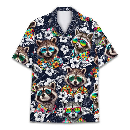 Funny Raccoon 3D Print Shirts For Men Hawaiian Casual Short Sleeve Lapel Blouse
