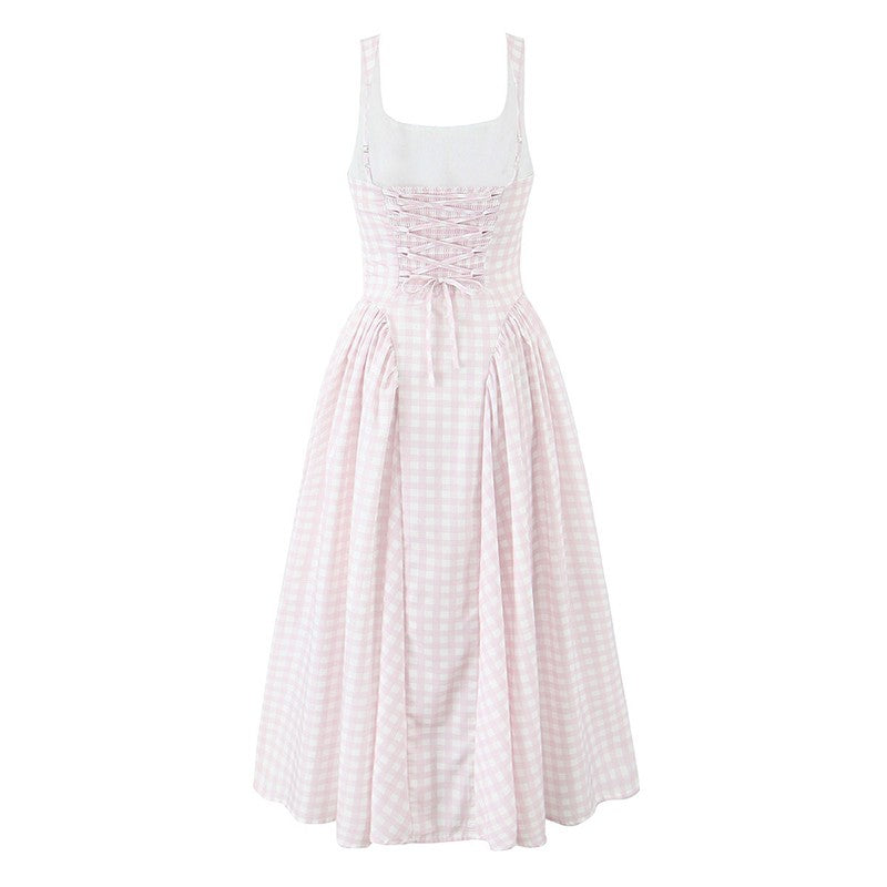 YENKYE Lace Up Bandage Plaid Sling Dress Women Elegant Square Neck Low Waist A-l
