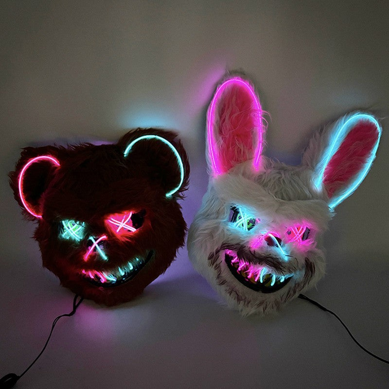 LED Bloody Rabbit Mask Glowing Killer Black Bear Mask Halloween Dance Party Cosplay Costume Props Assassinated Plush Rabbit Mask