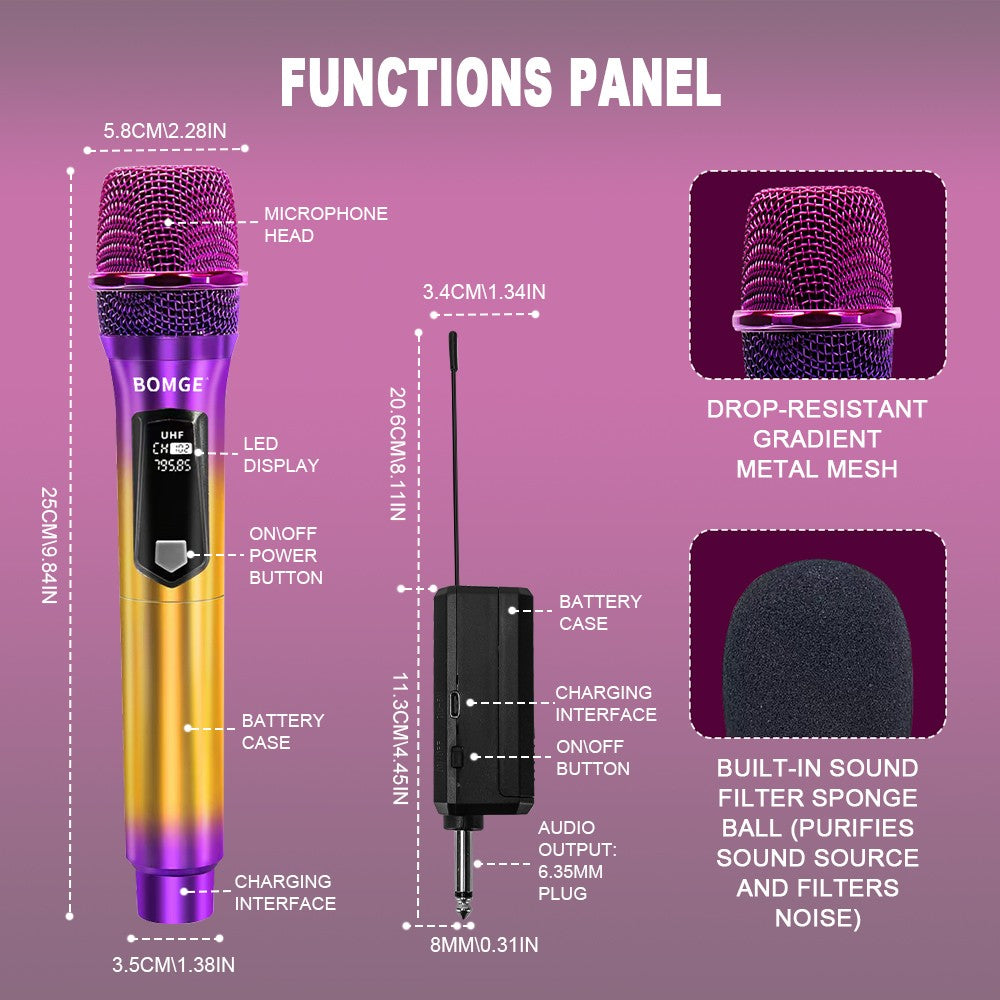 Sistema de Microfone Sem Fio para Karaokê e DJ, Profissional, 2 Canais, com Microfone Roxo Colorido e Receptor Sem Fio Recarregável para Festas e DJs