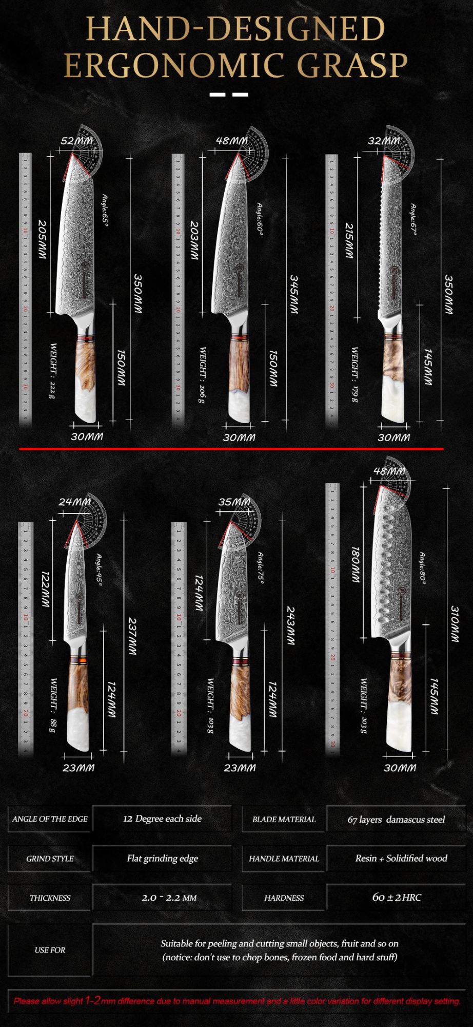 Grandsharp 1-6Pcs Kitchen Knife Set 67 Layer Damascus Steel Solidified Wood Handle Chef Utility Paring Knife with Gift Box