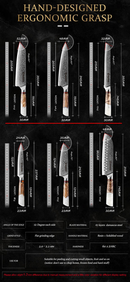 Grandsharp 1-6Pcs Kitchen Knife Set 67 Layer Damascus Steel Solidified Wood Handle Chef Utility Paring Knife with Gift Box