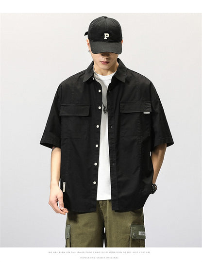 Summer Japanese Cargo Short Sleeve Shirt Men's Pockets Button Turn-down Collar Shirts Fashion Casual Cardigan blouses Tops