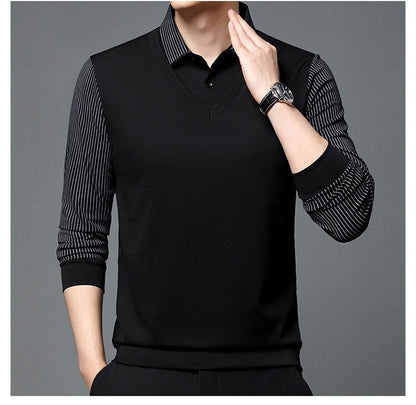 Fashion Fake Two-piece Men Long Sleeve Shirt Stripe Splice Lapel Loose Casual Pullover Tops 2025 Male Formal Business Polo Shirt