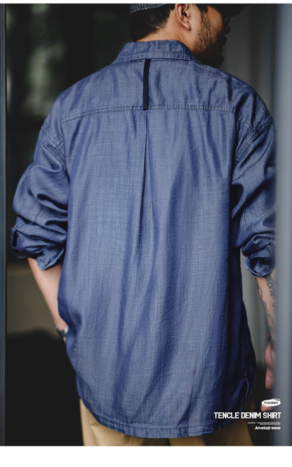 Maden Vintage Denim Shirt for Men's Spring Lightweight CPO Long Sleeve Shirt Lyocell Casual Thin Blue Lapel Collar Blouse