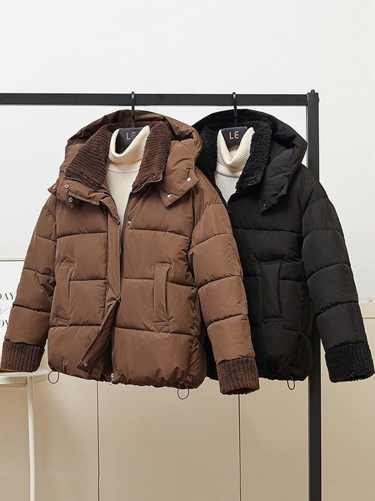 Lambswool Patchwork Thick Women Winter Coat 2025 New Fashion Hooded Puffer Jackets Cotton Padded Short Parkas