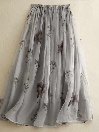 Retro Cotton Linen Double Layer High Waist Printed Skirt A-Line Summer Faionable Drifting Large Size Women's Skirts