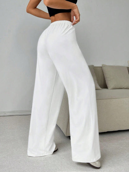 Elegant Solid High Waist Baggy Pants Fashion Women Loose Drawstring Pocket Wide Leg Pants Casual Sweatpant Streetwear Trousers