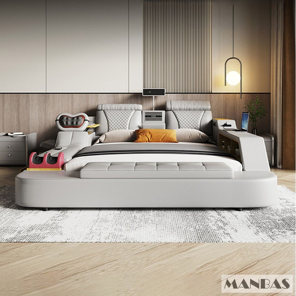 MANBAS Tech Smart Bed - the Ultimate Multifunctional Bedframe with Genuine Leather, Massage, Speaker, Projector, Air Purifier