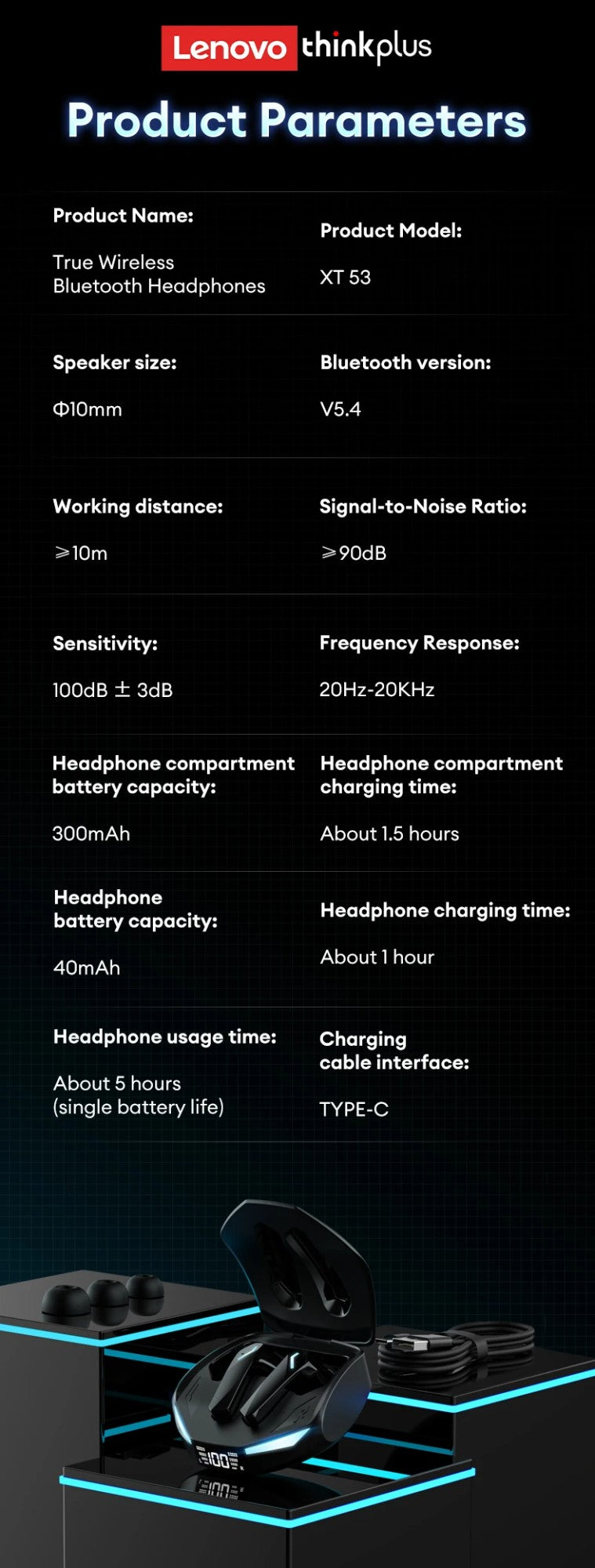 Fones de Ouvido Bluetooth V5.4 Lenovo XT53 Originais com Display LED de Energia Fone de Ouvido para Jogos Impermeável Anti-suor Fone de Ouvido Sem Fio Atualizado